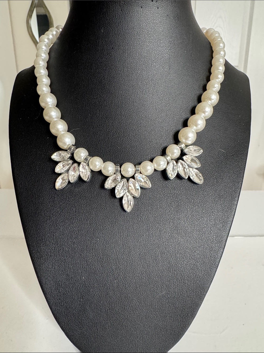 Pearl and Crystal Bib Necklace - White and Silver Elegance